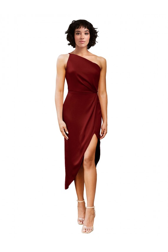 Stretch Satin Midi Length One Shoulder Sheath Black Tie Evening Gown / Prom Dress / Bridesmaid Dress Plymouth