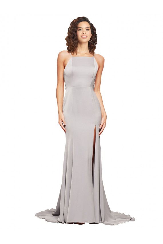 Stretch Satin Low Back Sweep Train High Neck A-Line Formal Evening Gown / Prom Dress / Bridesmaid Dress Plymouth