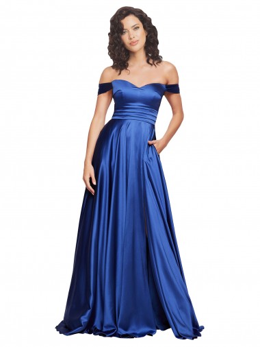 Stretch Satin Sweep Train Off the Shoulder A-Line Formal Evening Gown / Prom Dress / Bridesmaid Dress Plymouth
