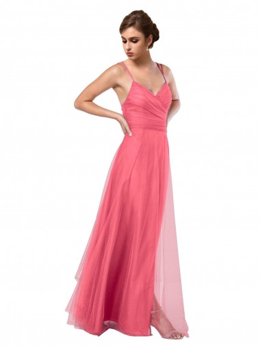 Tulle V-Back Long Spaghetti Straps Watermelon A-Line Bridesmaid Dress Plymouth