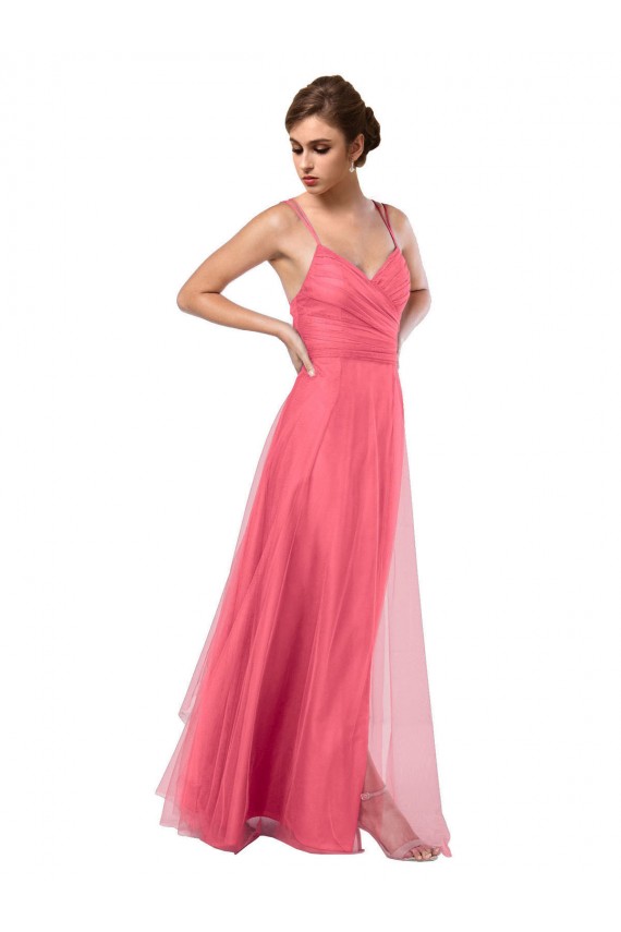 Tulle V-Back Long Spaghetti Straps Watermelon A-Line Bridesmaid Dress Plymouth