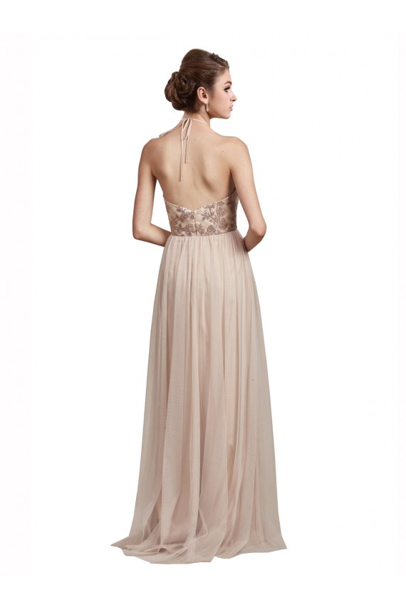 Tulle Long Halter Neck Nude A-Line Bridesmaid Dress Plymouth