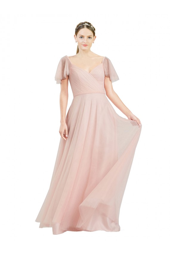 Tulle Long V-Neck Pink A-Line Formal Dress / Bridesmaid Dress Plymouth