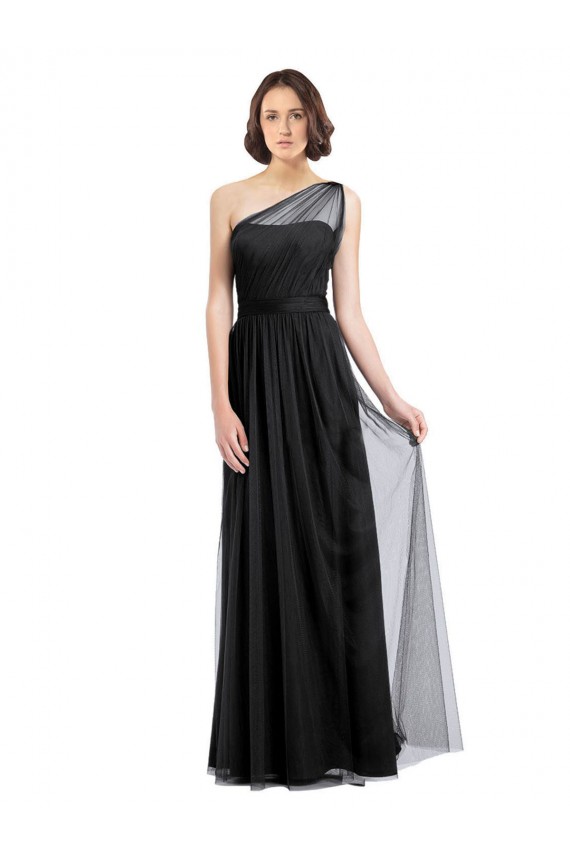 Tulle Long One Shoulder Black A-Line Bridesmaid Dress Plymouth