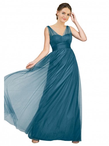 Tulle V-Back Long V-Neck Teal Green A-Line Bridesmaid Dress Plymouth