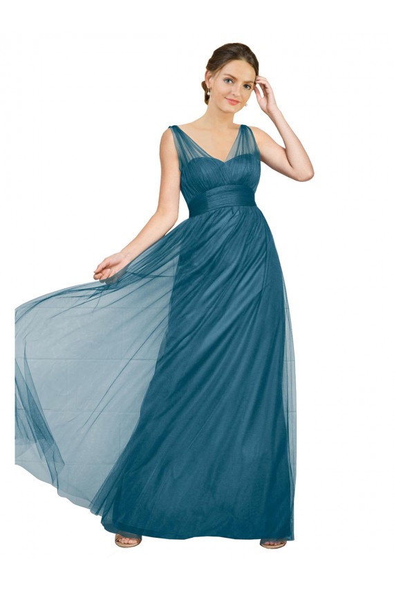 Tulle V-Back Long V-Neck Teal Green A-Line Bridesmaid Dress Plymouth