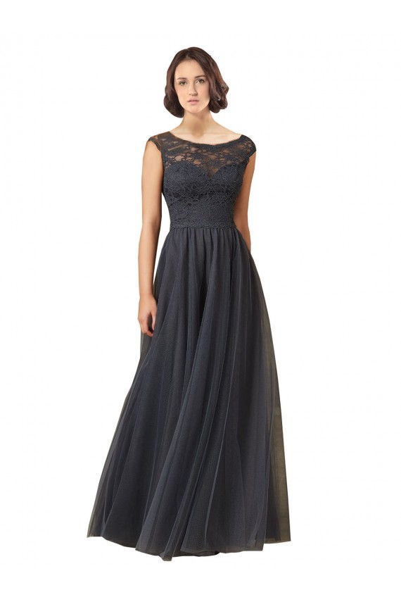 Tulle & Lace Long Bateau Neck Slate Grey A-Line Bridesmaid Dress Plymouth