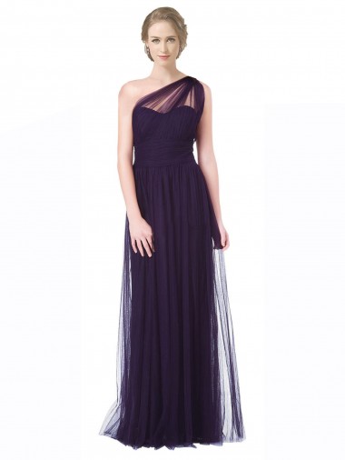 Tulle Long One Shoulder Plum A-Line Bridesmaid Dress Plymouth