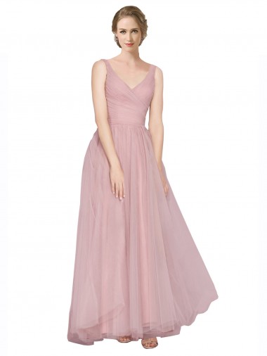 Tulle V-Back Long V-Neck Pink A-Line Bridesmaid Dress Plymouth