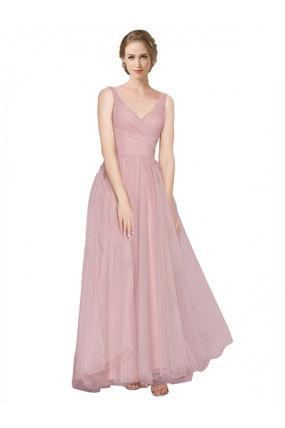Tulle V-Back Long V-Neck Pink A-Line Bridesmaid Dress Plymouth