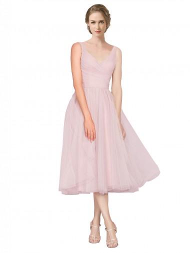 Tulle V-Back Tea Length V-Neck A-Line Bridesmaid Dress Plymouth