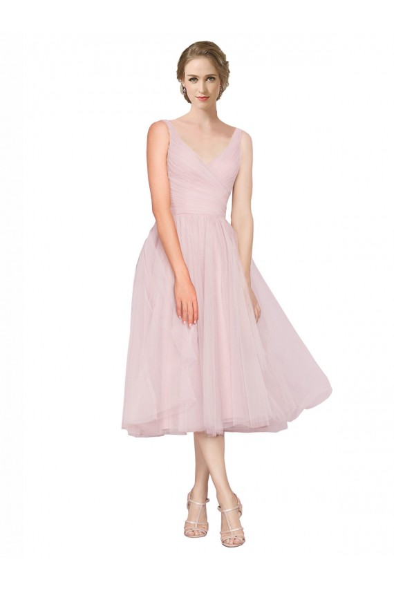 Tulle V-Back Tea Length V-Neck A-Line Bridesmaid Dress Plymouth
