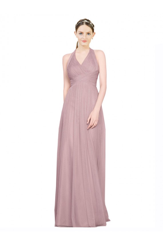 Tulle Low Back Long Halter Neck A-Line Bridesmaid Gown Plymouth