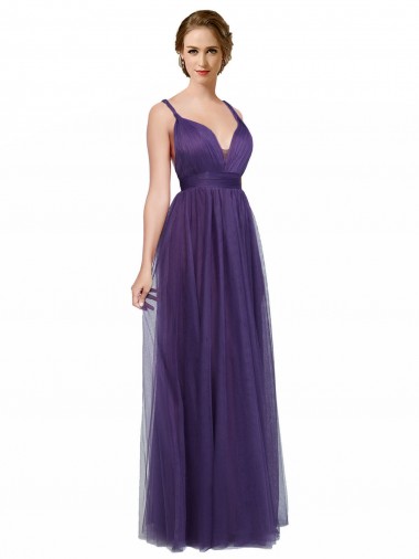 Tulle Open Back Long Spaghetti Straps Purple A-Line Bridesmaid Dress Plymouth