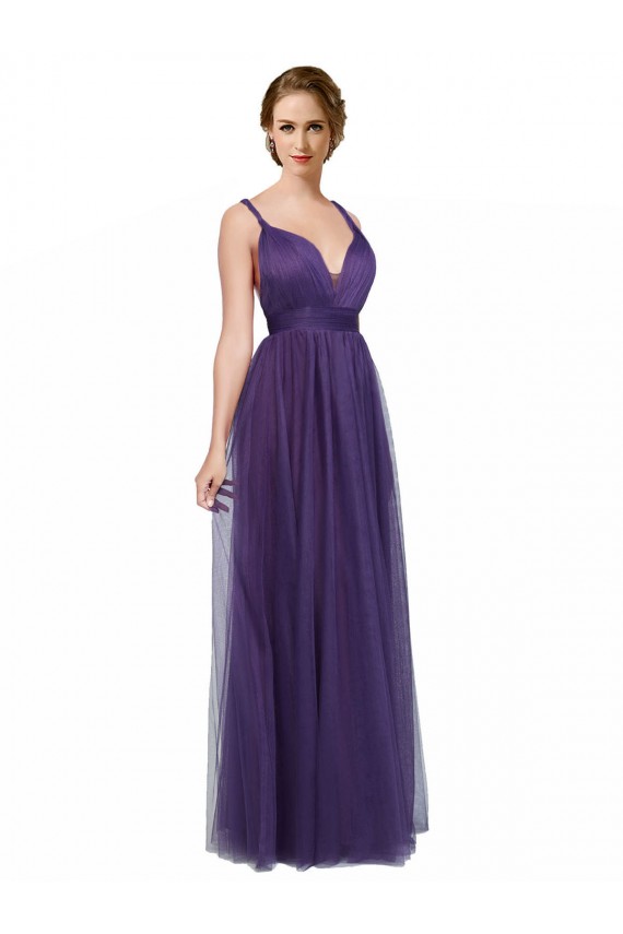 Tulle Open Back Long Spaghetti Straps Purple A-Line Bridesmaid Dress Plymouth
