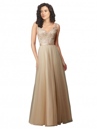 Tulle & Lace V-Back Long V-Neck A-Line Bridesmaid Dress Plymouth