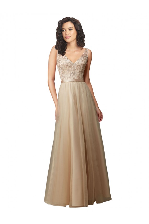 Tulle & Lace V-Back Long V-Neck A-Line Bridesmaid Dress Plymouth
