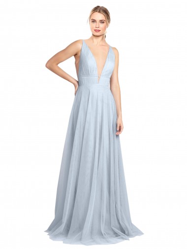 Tulle V-Back Long Floor Length Spaghetti Straps A-Line Bridesmaid Dress Plymouth