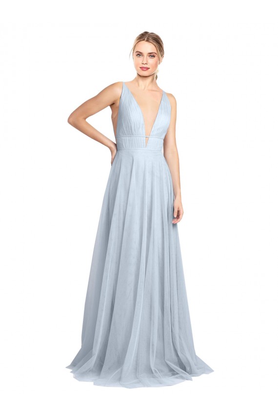 Tulle V-Back Long Floor Length Spaghetti Straps A-Line Bridesmaid Dress Plymouth