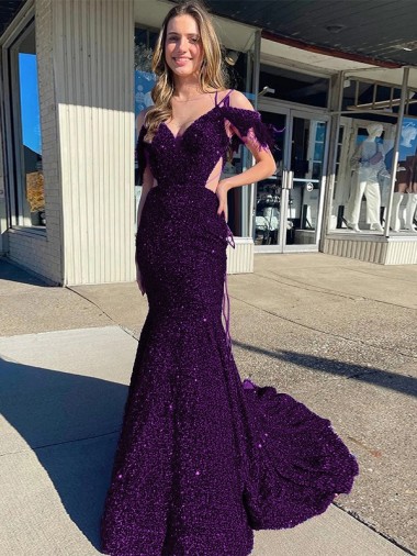 Velvet Sequin Court Train Spaghetti Straps Sheath Prom Dress / Evening Dress Plymouth