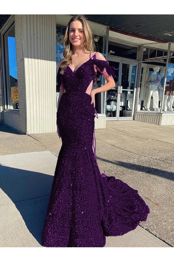 Velvet Sequin Court Train Spaghetti Straps Sheath Prom Dress / Evening Dress Plymouth
