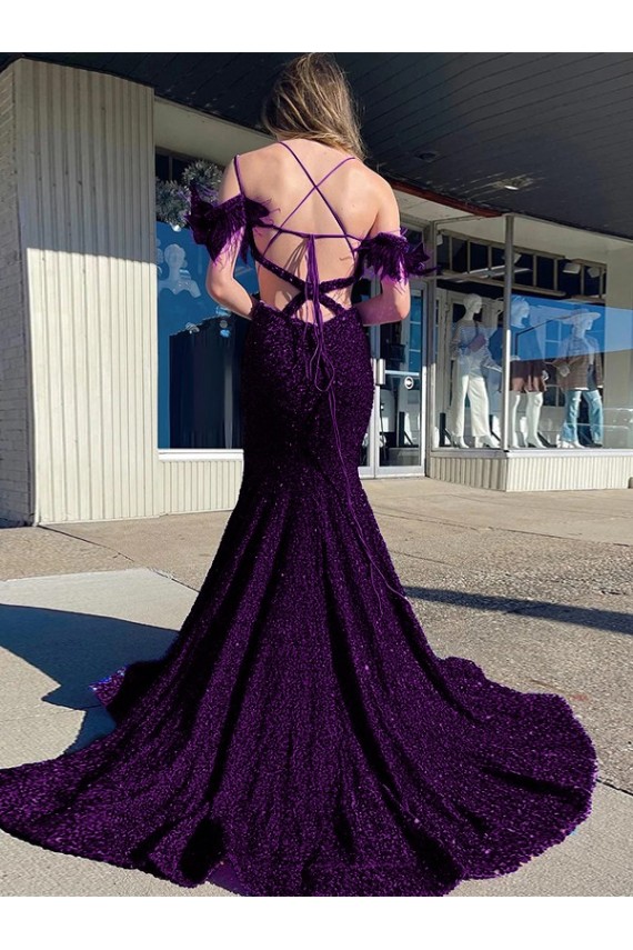 Velvet Sequin Court Train Spaghetti Straps Sheath Prom Dress / Evening Dress Plymouth