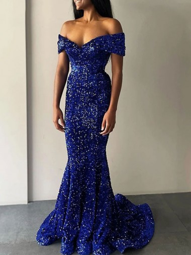 Velvet Sequin Sweep Train Off the Shoulder Mermaid Prom Dresses Plymouth