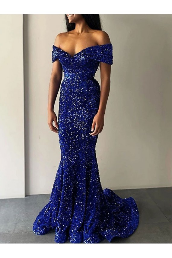 Velvet Sequin Sweep Train Off the Shoulder Mermaid Prom Dresses Plymouth
