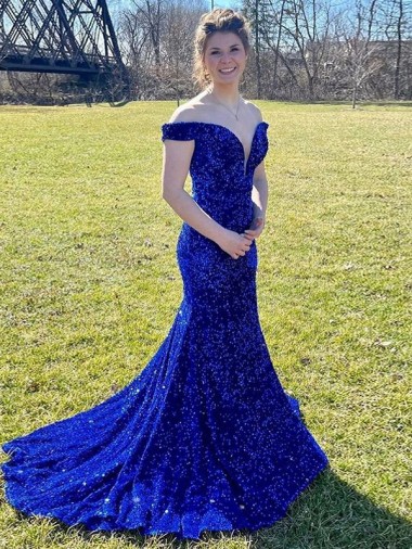 Velvet Sequin Sweep Train Off the Shoulder Sheath Prom Dress Plymouth