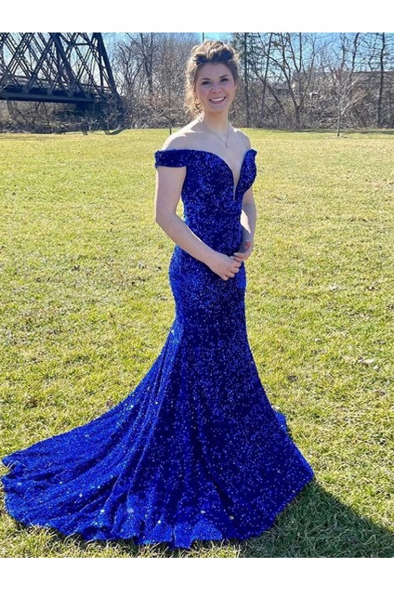 Velvet Sequin Sweep Train Off the Shoulder Sheath Prom Dress Plymouth