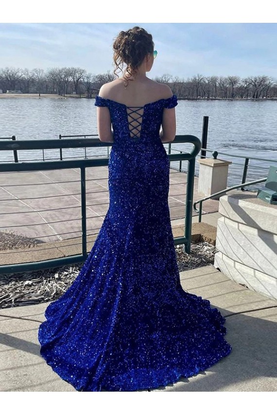 Velvet Sequin Sweep Train Off the Shoulder Sheath Prom Dress Plymouth