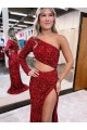 Velvet Sequin Long Sleeves One Shoulder Burgundy Mermaid Evening Dress Plymouth