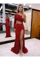 Velvet Sequin Long Sleeves One Shoulder Burgundy Mermaid Evening Dress Plymouth