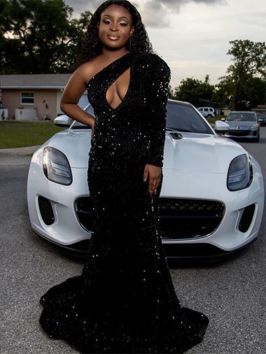 Velvet Sequin Long Sleeves One Shoulder Black Sheath Prom Dress Plymouth