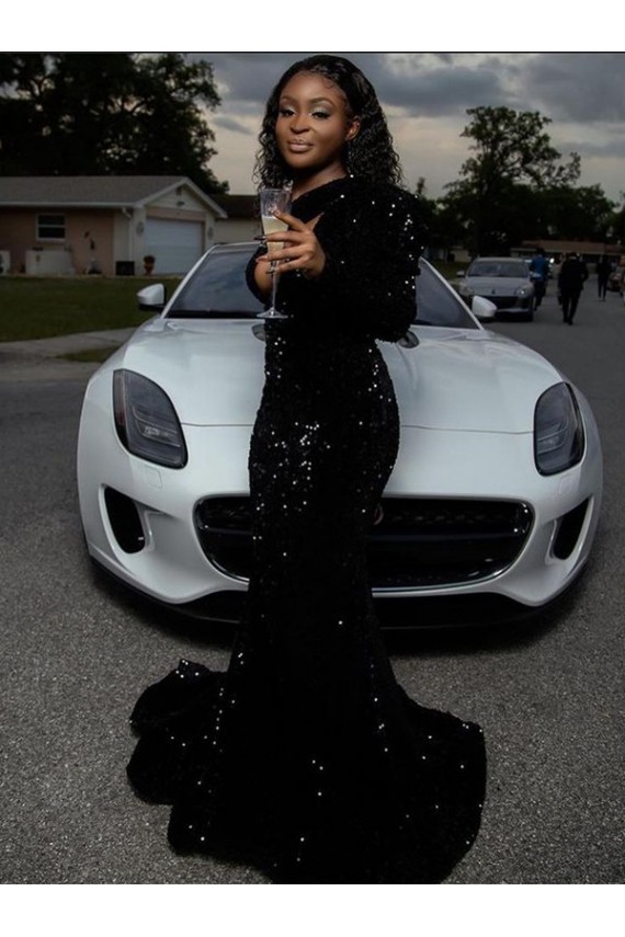 Velvet Sequin Long Sleeves One Shoulder Black Sheath Prom Dress Plymouth