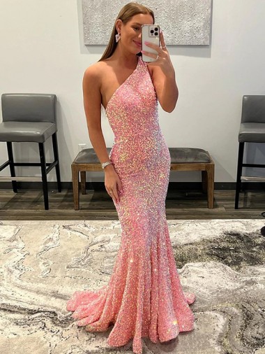 Velvet Sequin Sweep Train One Shoulder Sheath Prom Dress Plymouth