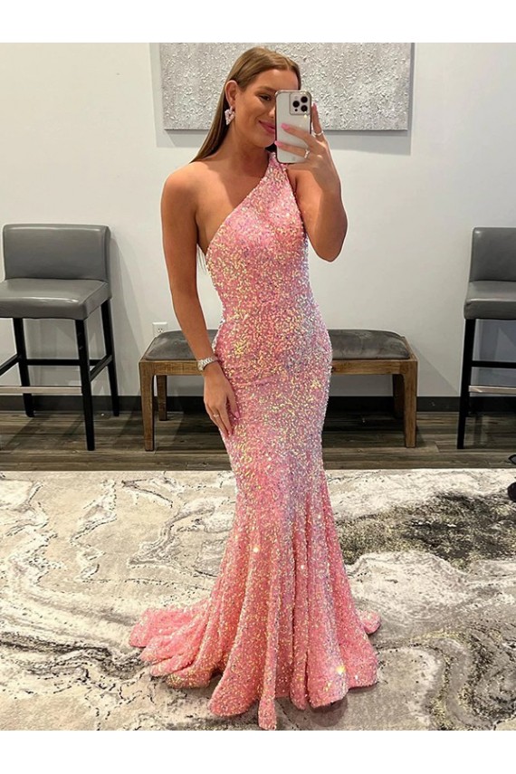Velvet Sequin Sweep Train One Shoulder Sheath Prom Dress Plymouth