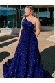 Velvet Sequin Sweep Train One Shoulder A-Line Prom Dress / Evening Gown Plymouth