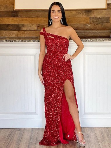 Velvet Sequin Sweep Train One Shoulder Sheath Prom Dress Plymouth