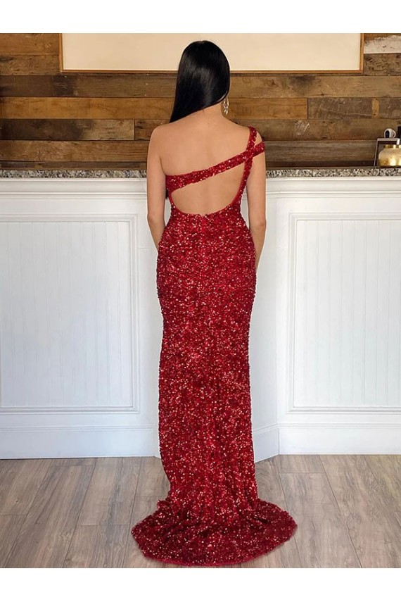 Velvet Sequin Sweep Train One Shoulder Sheath Prom Dress Plymouth