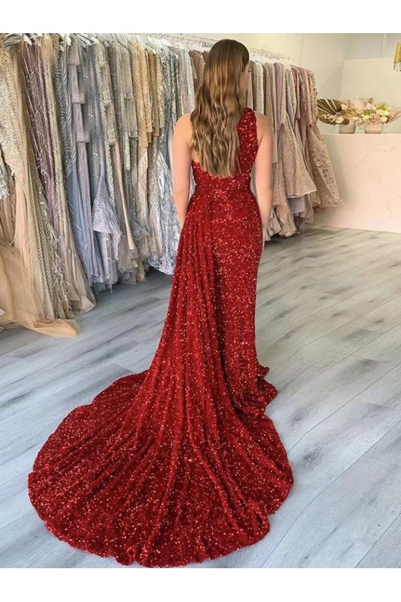 Velvet Sequin Court Train One Shoulder Sheath Prom Dress Plymouth