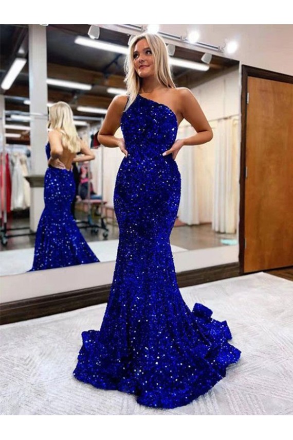 Velvet Sequin Sweep Train One Shoulder Mermaid Prom Dress Plymouth