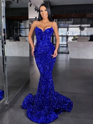 Velvet Sequin Sweep Train Spaghetti Straps Mermaid Evening Gown / Prom Dress Plymouth