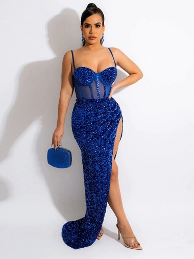 Velvet Sequin Sleeveless Spaghetti Straps Royal Blue Sheath Evening Dress Plymouth