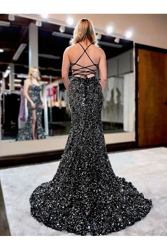 Velvet Sequin Sweep Train Spaghetti Straps Sheath Prom Dress Plymouth