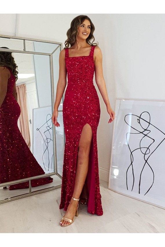 Velvet Sequin Long Square Neck Sheath Prom Dress Plymouth