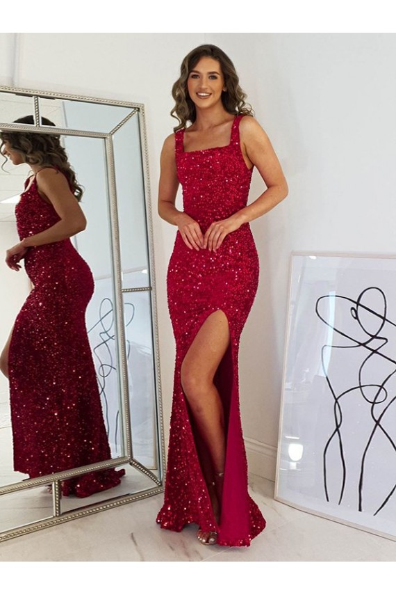 Velvet Sequin Long Square Neck Sheath Prom Dress Plymouth