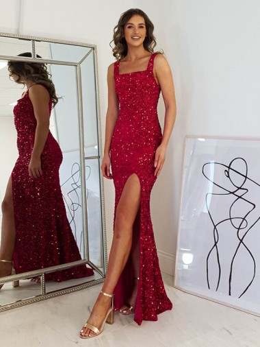 Velvet Sequin Long Square Neck Sheath Prom Dress Plymouth