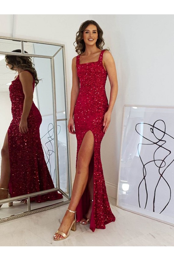 Velvet Sequin Long Square Neck Sheath Prom Dress Plymouth