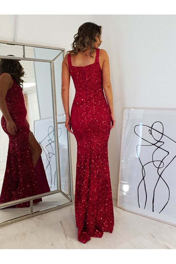 Velvet Sequin Long Square Neck Sheath Prom Dress Plymouth
